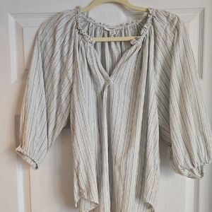 Beachlunchlounge Green and White Puff Sleeve Tie Front Blouse